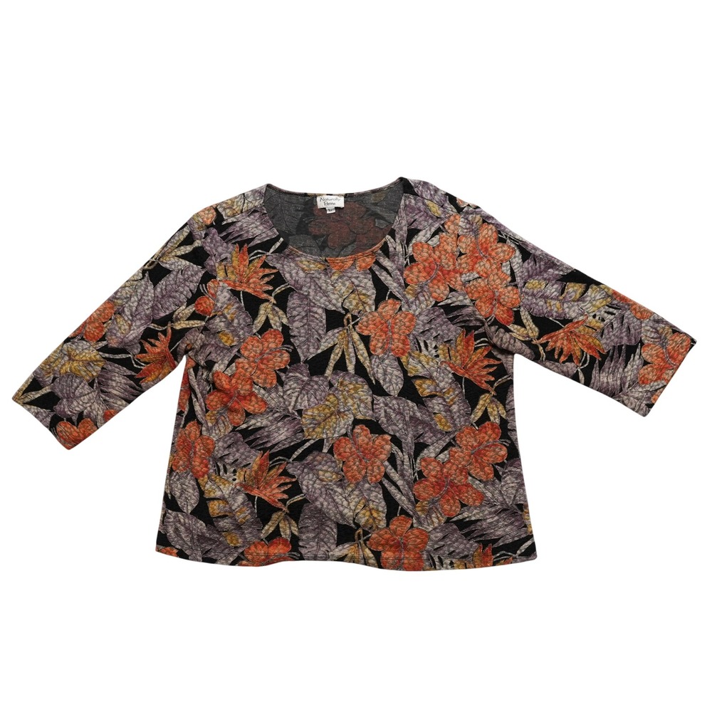 Naturally Petite Large Hawaiian Floral Top Black Hibiscus Made Hawaii 3/4 Sleeve